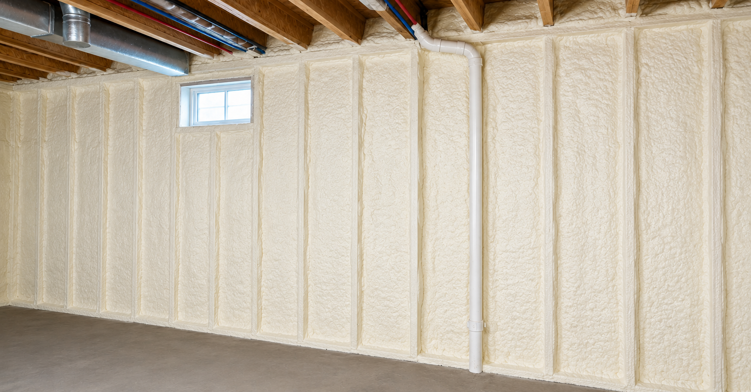Basement rim joist after spray foam insulation Sudbury